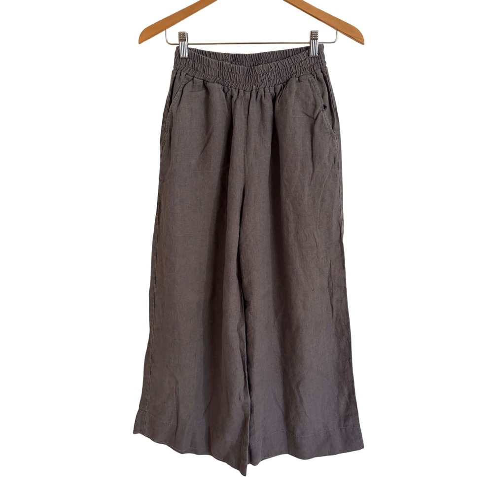 Wavy Linen Medium Gray 100% Linen Wide Leg Elastic Waist Pants Lagenlook